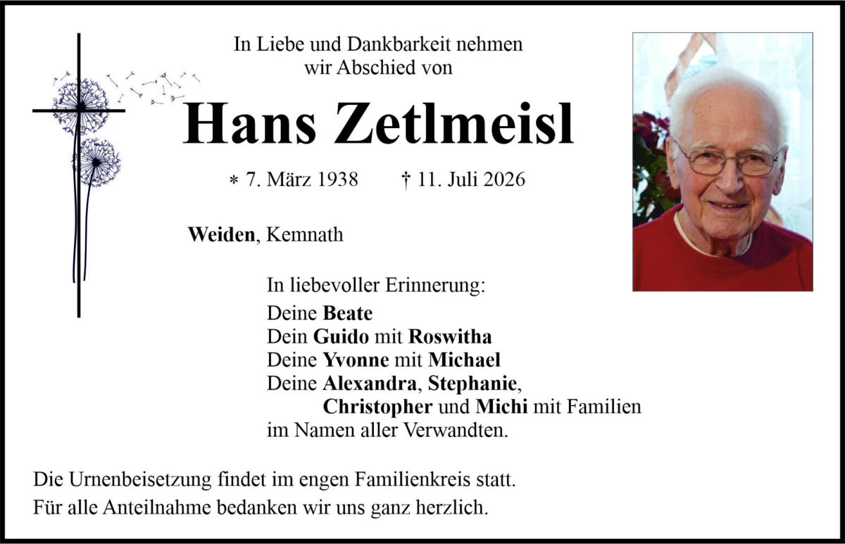 Traueranzeige Hans Zetlmeisl, Weiden