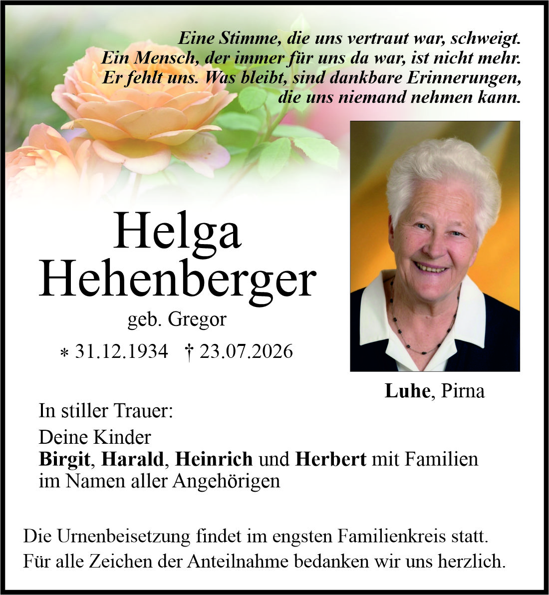 Traueranzeige Helga Hehenberger, Luhe