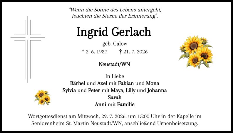 Traueranzeige Ingrid Gerlach, Neustadt/WN