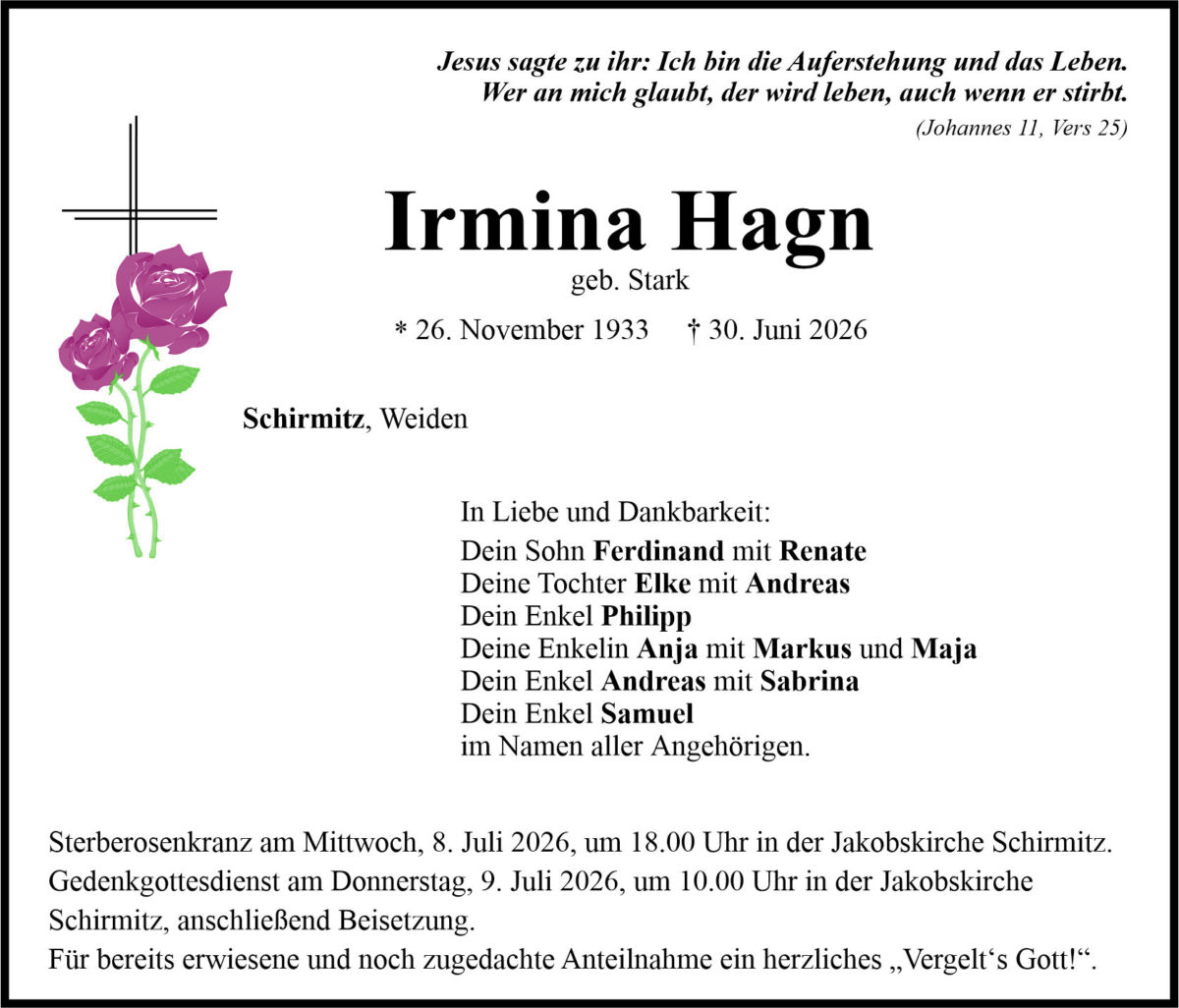 Traueranzeige Irmina Hagn, Schirmitz