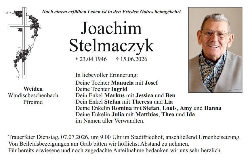 Traueranzeige Joachim Stelmaczyk, Weiden