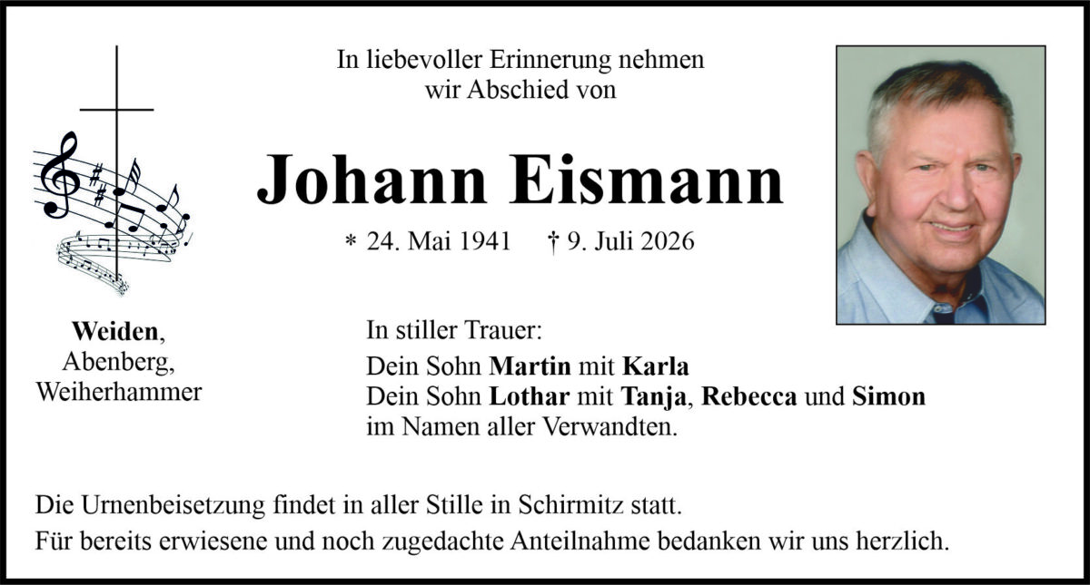 Traueranzeige Johann Eismann, Weiden