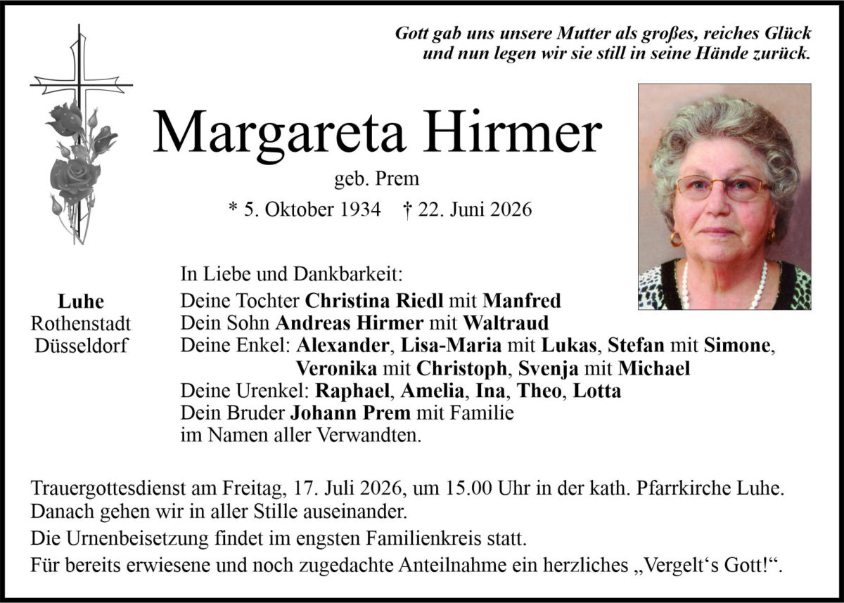 Traueranzeige Margareta Hirmer, Luhe