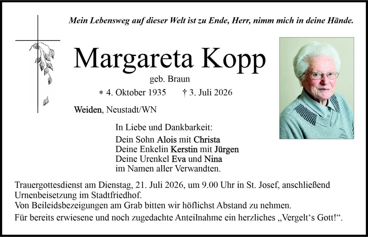 Traueranzeige Margareta Kopp, Weiden