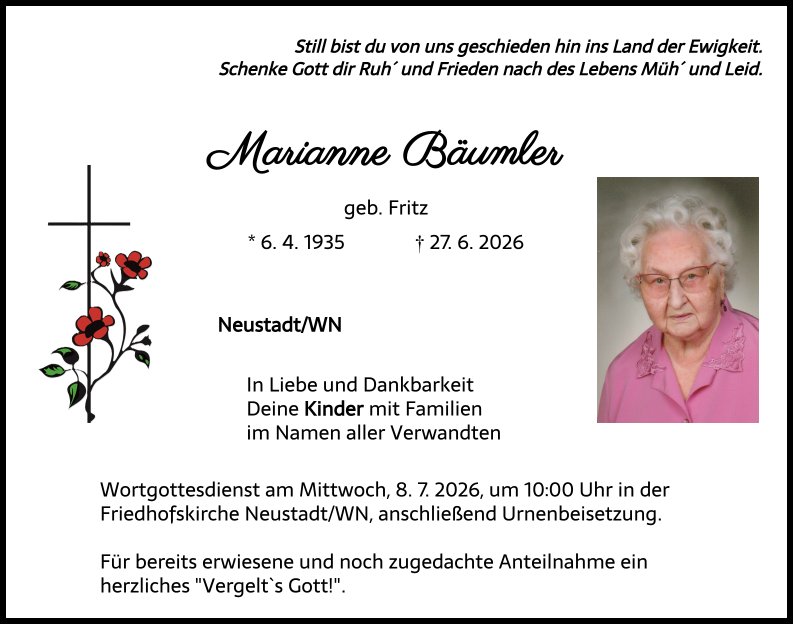 Traueranzeige Marianne Bäumler, Neustadt/WN