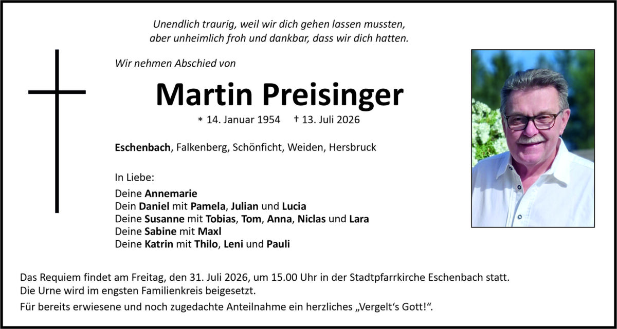 Traueranzeige Martin Preisinger, Eschenbach