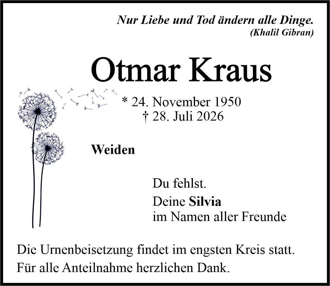 Traueranzeige Otmar Kraus, Weiden