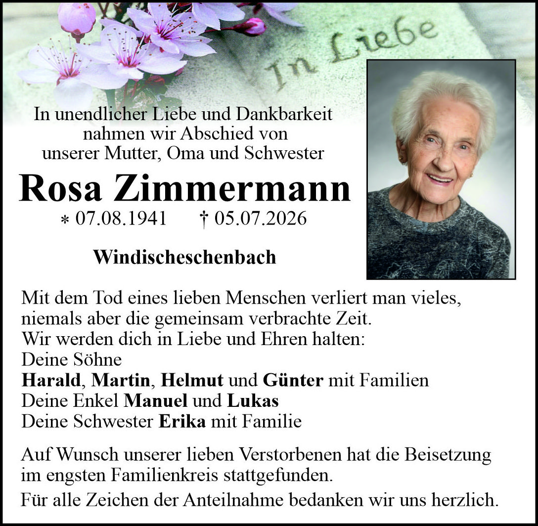 Traueranzeige Rosa Zimmermann, Windischeschenbach