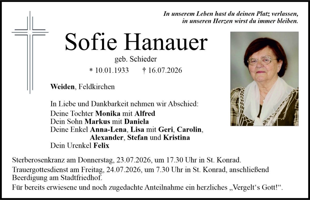 Traueranzeige Sofie Hanauer, Weiden