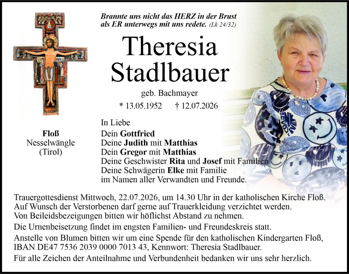 Traueranzeige Theresia Stadlbauer, Floß