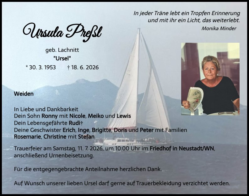 Traueranzeige Ursula Preßl, Weiden