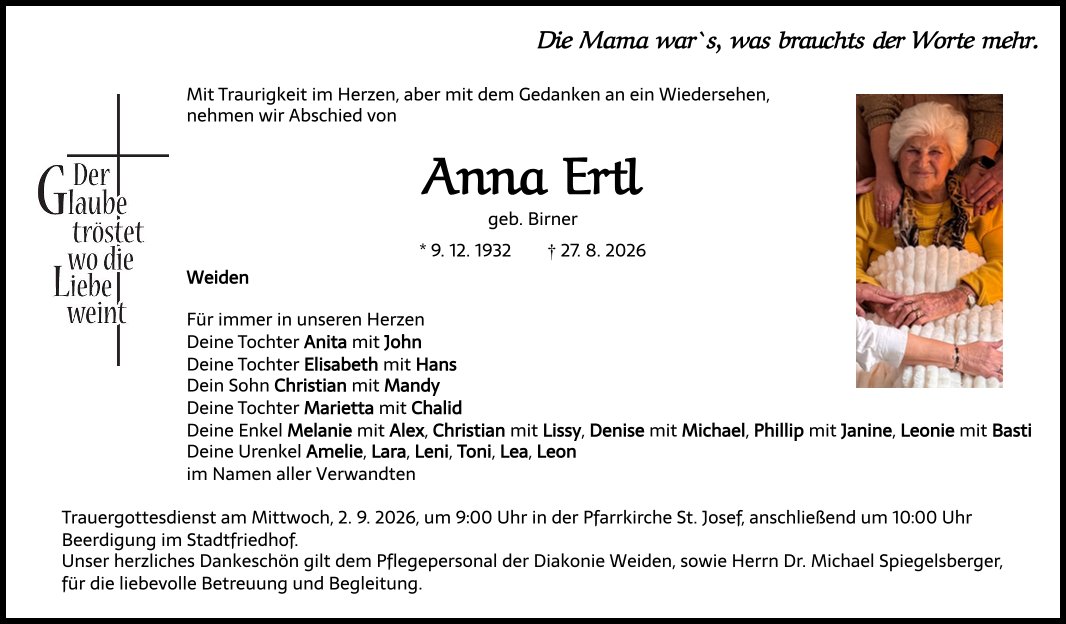 Traueranzeige Anna Ertl, Weiden