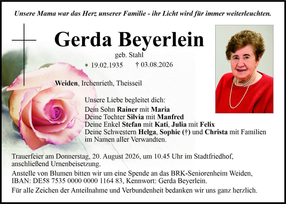 Traueranzeige Gerda Beyerlein, Weiden