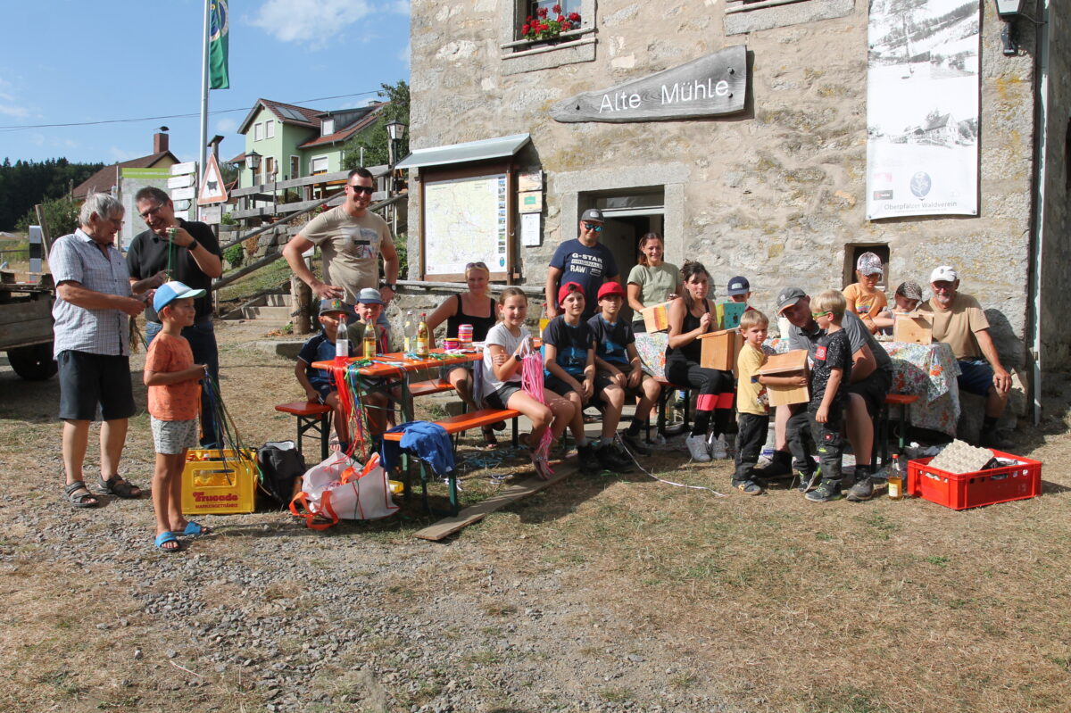 Kinder bemalen Nistkästen für Entdeckerpfad in Georgenberg
