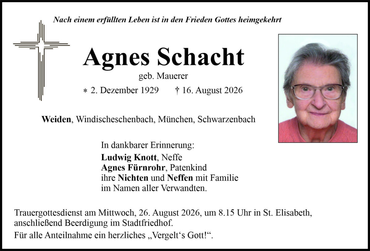 Traueranzeige Agnes Schacht, Weiden