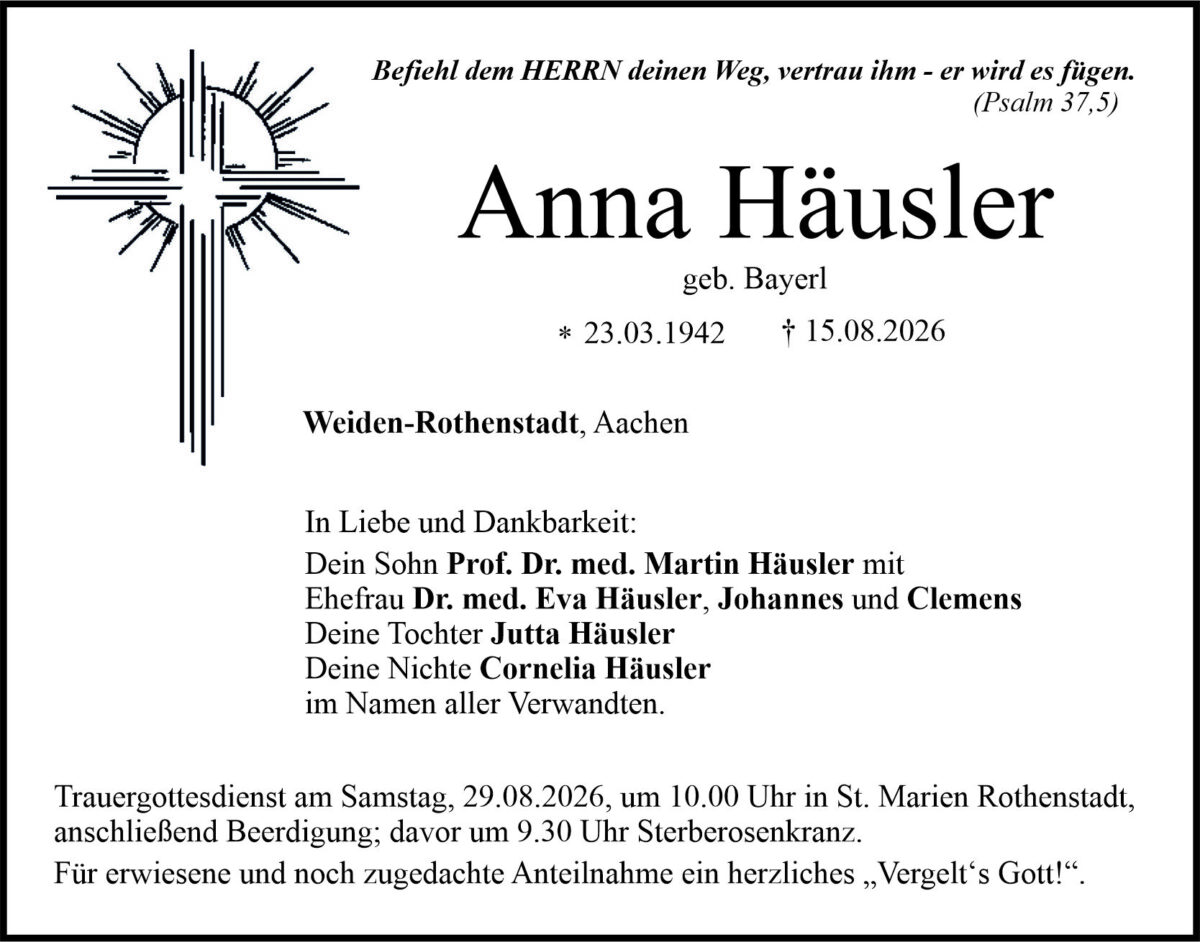Traueranzeige Anna Häusler, Weiden-Rothenstadt