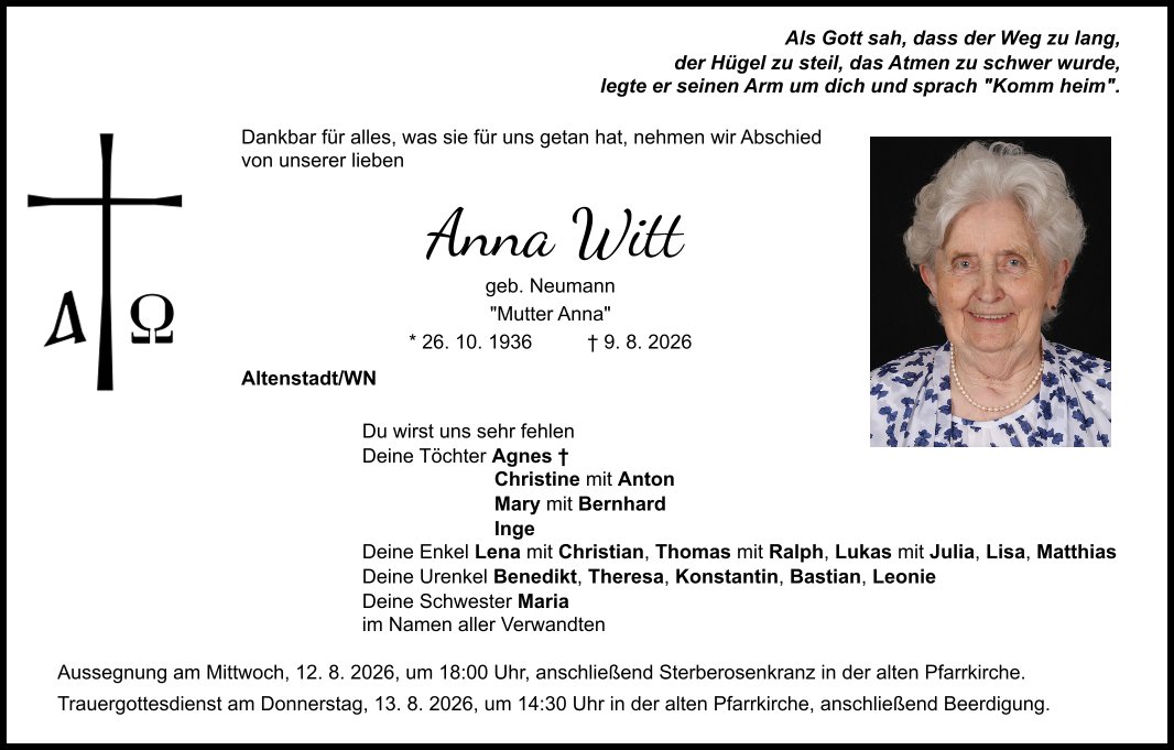 Traueranzeige Anna Witt, Altenstadt/WN
