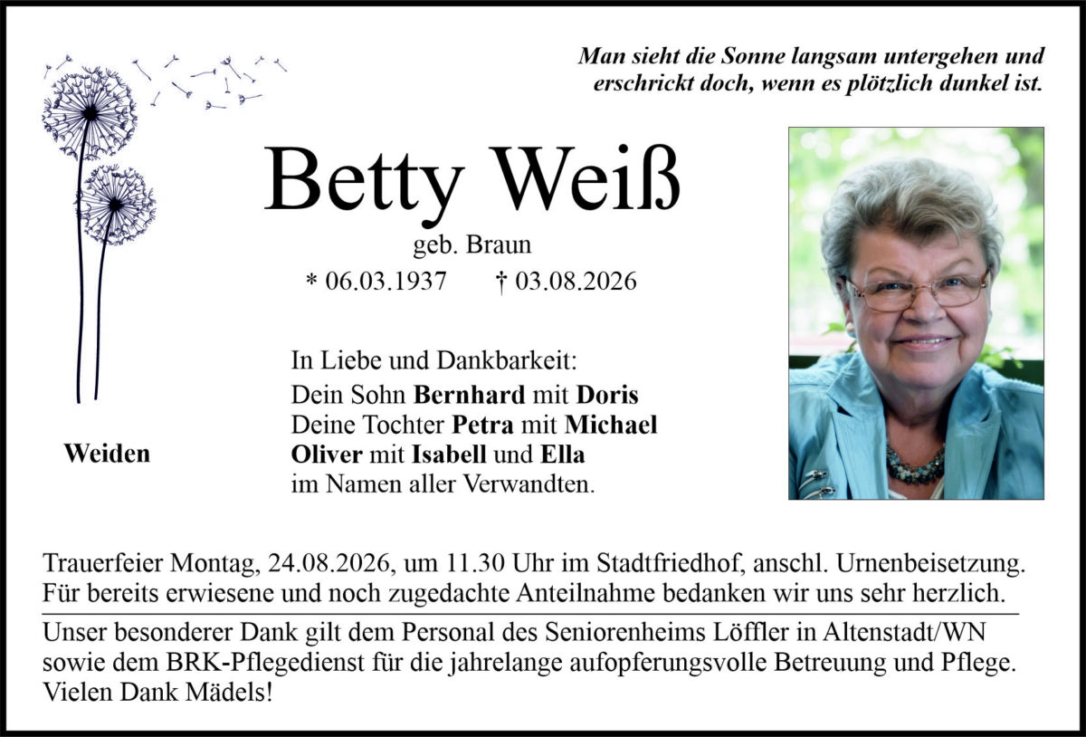 Traueranzeige Betty Weiß, Weiden