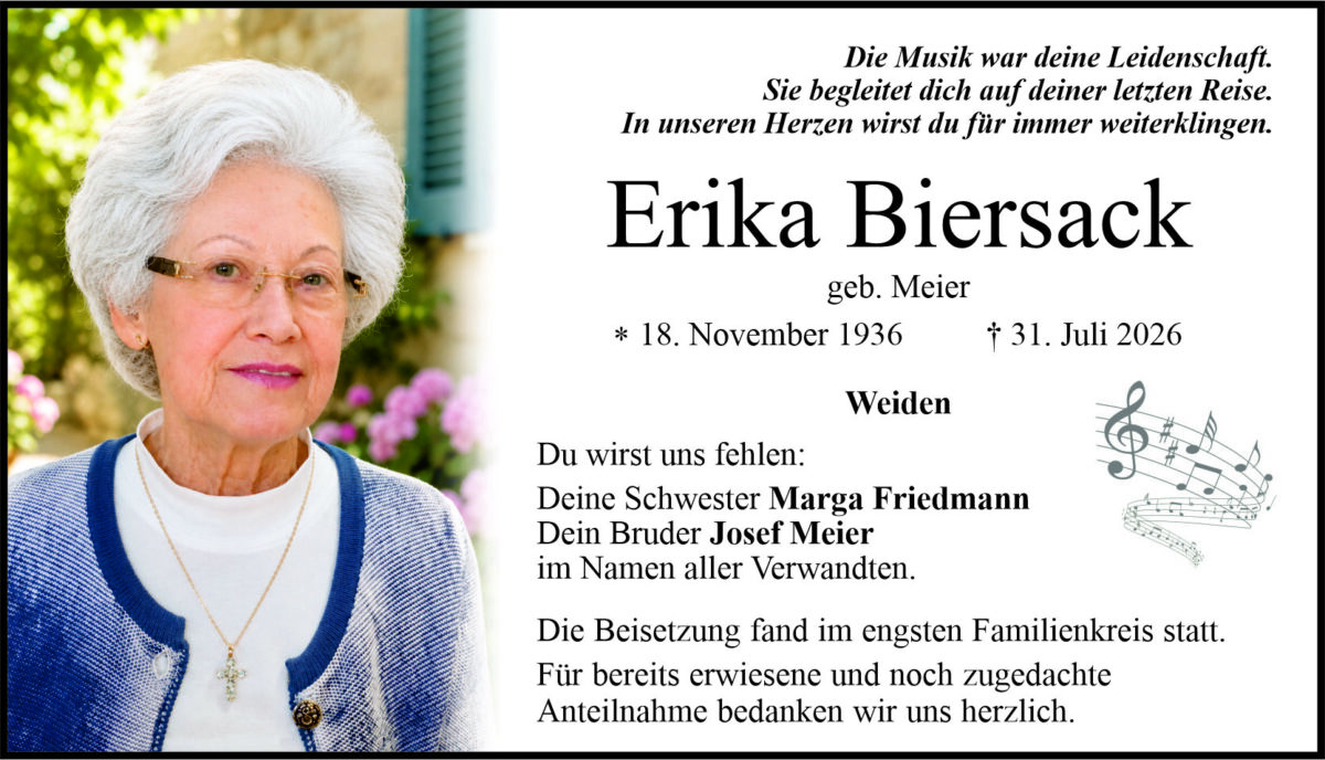 Traueranzeige Erika Biersack, Weiden