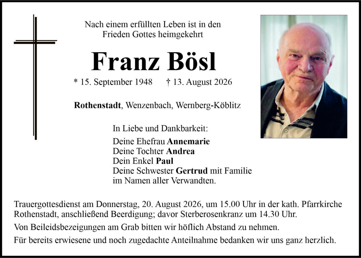 Traueranzeige Franz Bösl, Rothenstadt