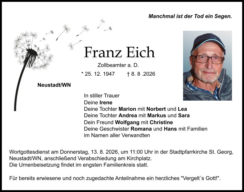 Traueranzeige Franz Eich, Neustadt/WN