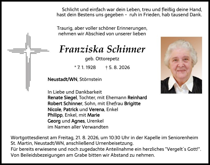 Traueranzeige Franziska Schinner, Neustadt/WN