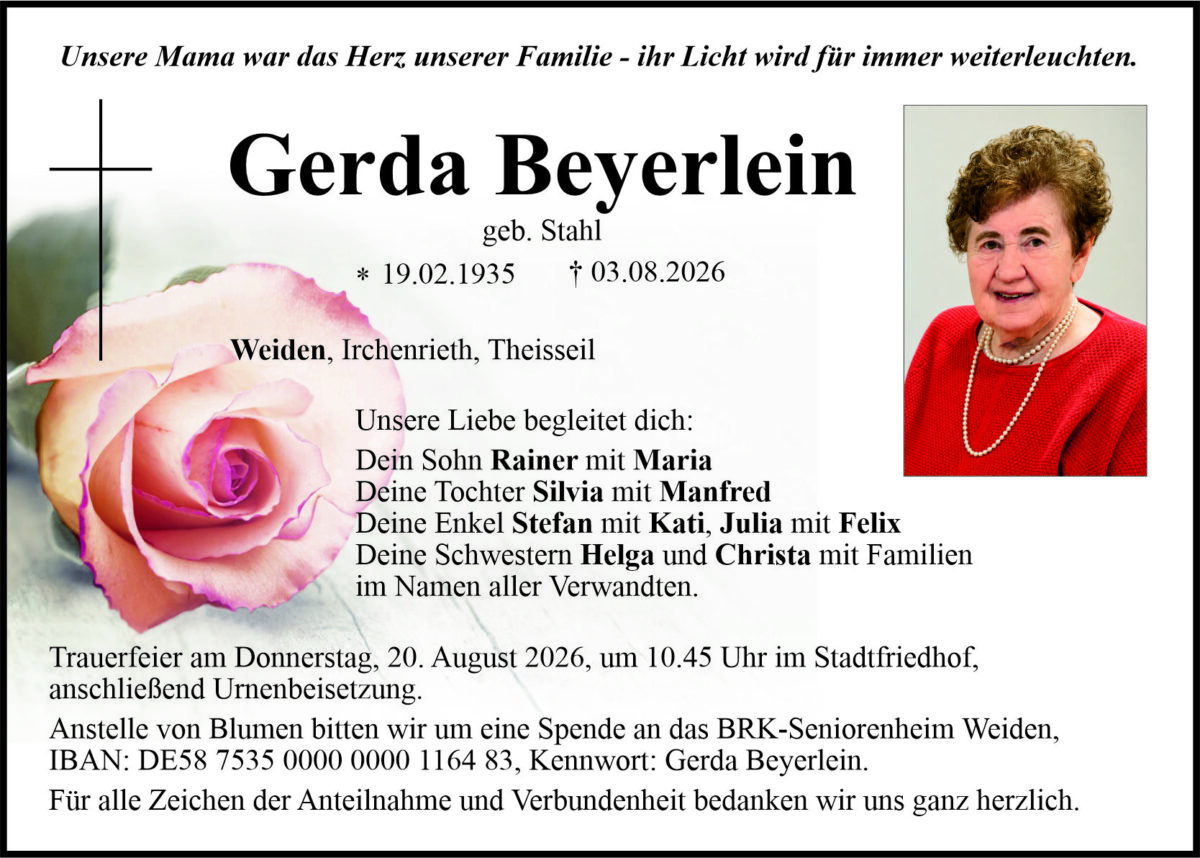 Traueranzeige Gerda Beyerlein, Weiden