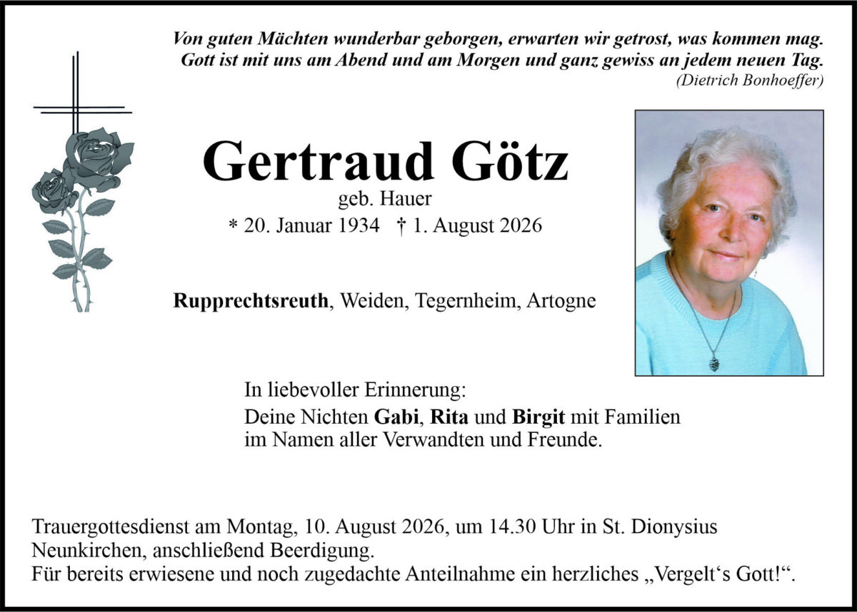 Traueranzeige Gertraud Götz, Rupprechtsreuth