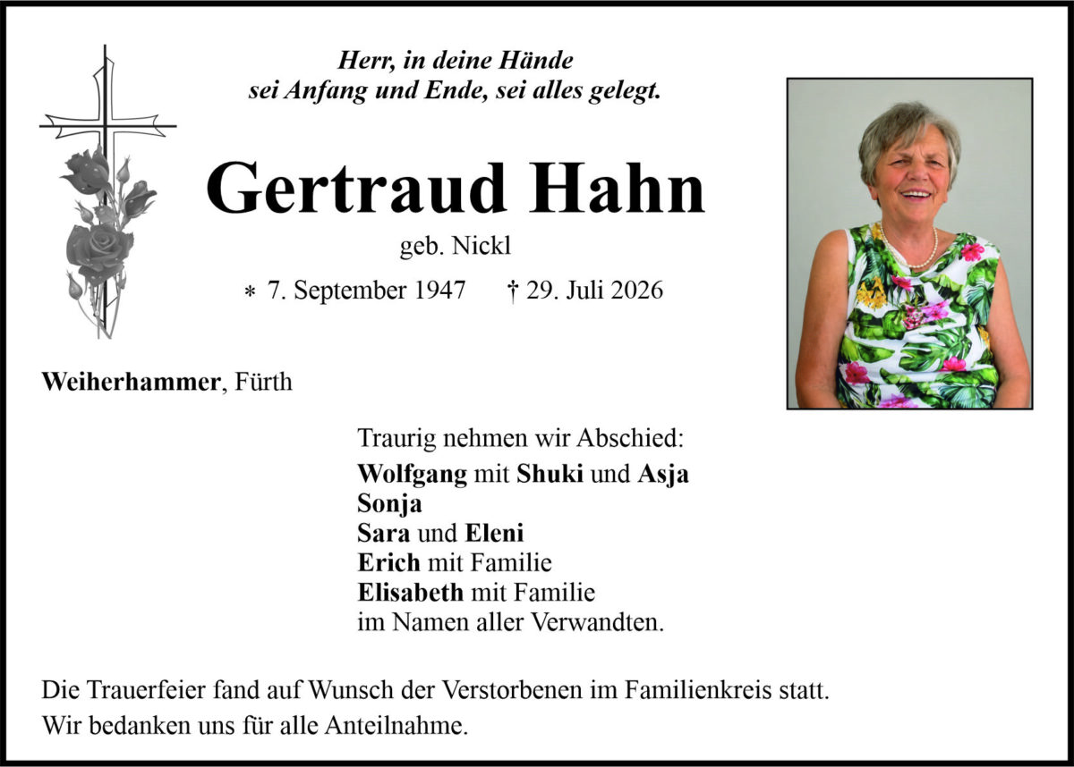 Traueranzeige Gertraud Hahn, Weiherhammer