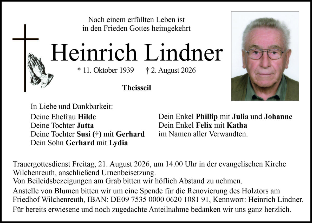 Traueranzeige Heinrich Lindner, Theisseil