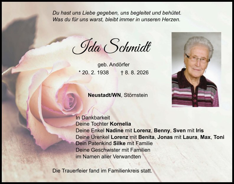 Traueranzeige Ida Schmidt, Neustadt/WN