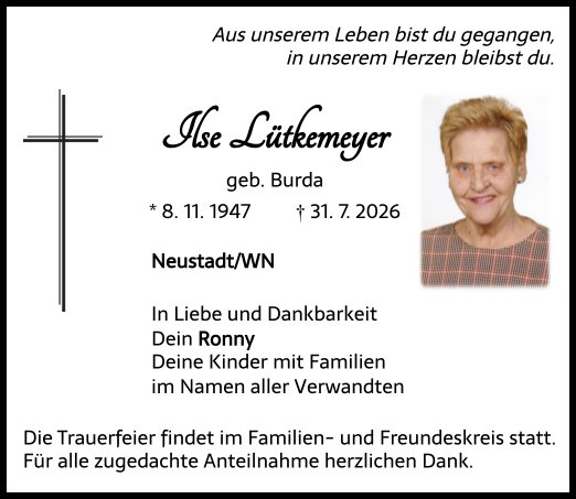 Traueranzeige Ilse Lütkemeyer, Neustadt/WN