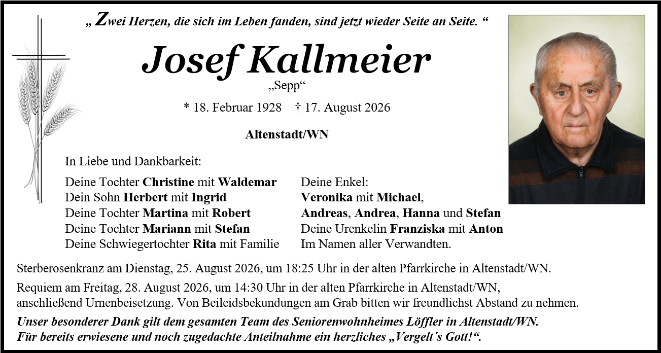 Traueranzeige Josef Kallmeier, Altenstadt/WN