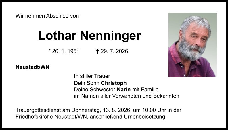 Traueranzeige Lothar Nenninger, Neustadt/WN