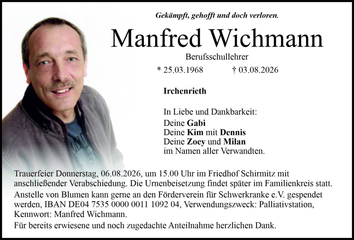 Traueranzeige Manfred Wichmann, Irchenrieth