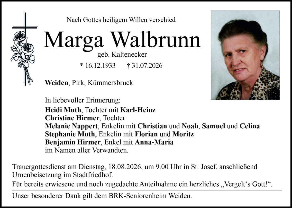 Traueranzeige Marga Walbrunn, Weiden