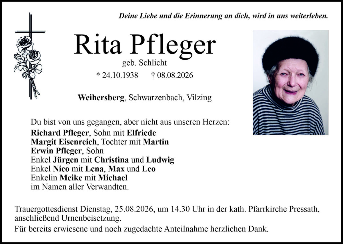 Traueranzeige Rita Pfleger, Weihersberg