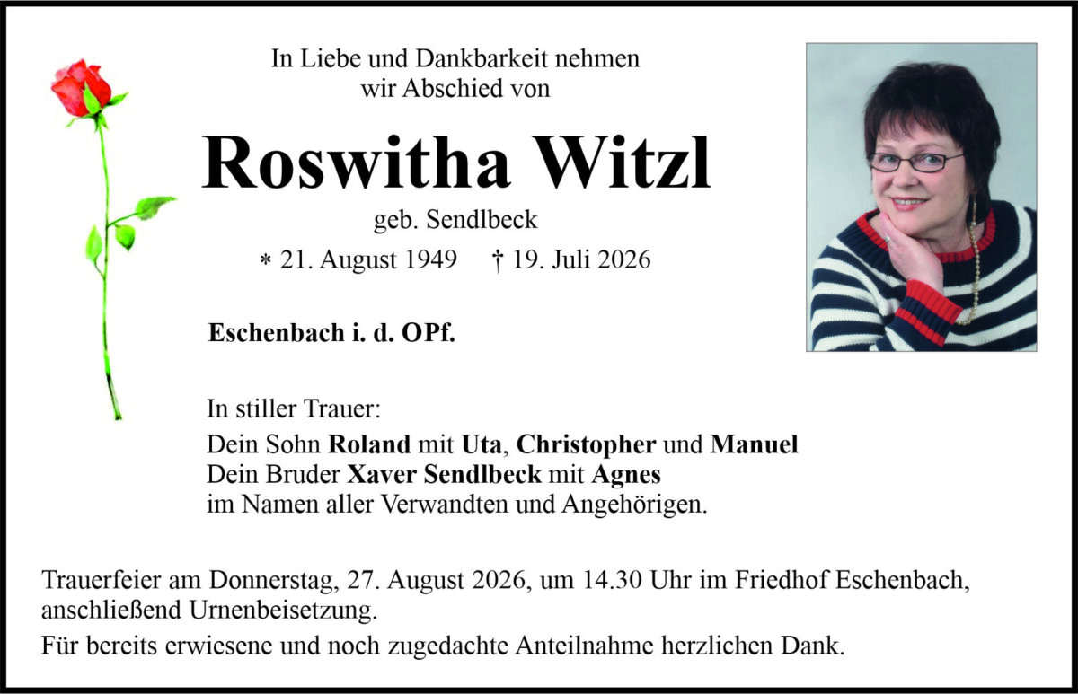Traueranzeige Roswitha Witzl, Eschenbach