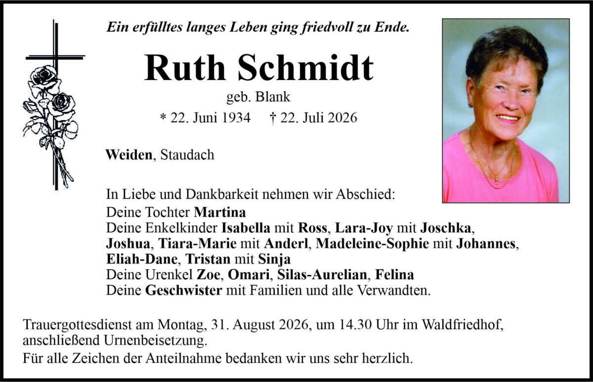 Traueranzeige Ruth Schmidt, Weiden