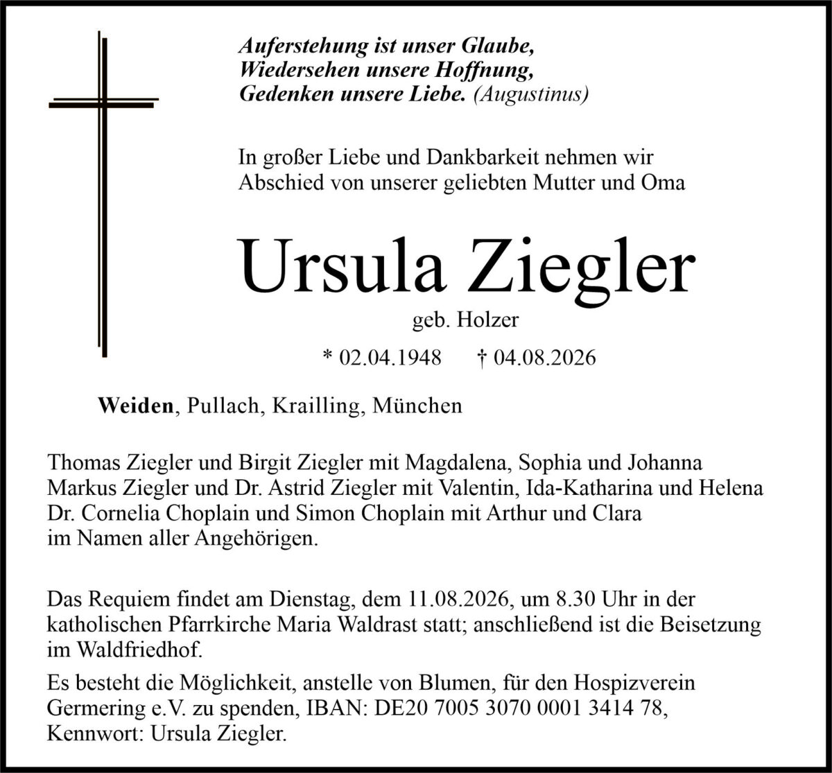 Traueranzeige Ursula Ziegler, Weiden