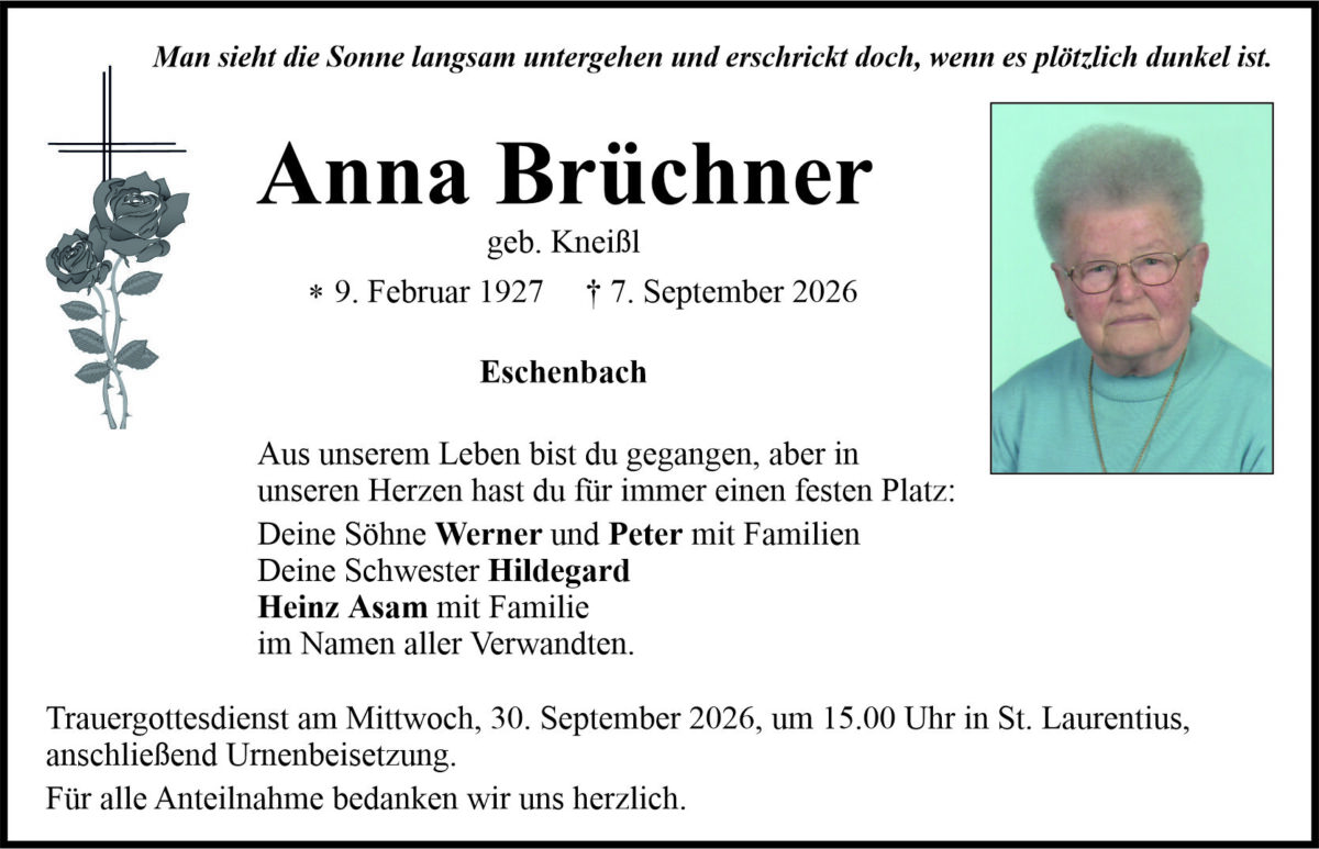 Traueranzeige Anna Brüchner, Eschenbach
