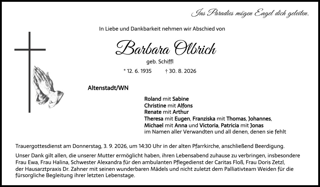 Traueranzeige Barbara Olbrich, Altenstadt/WN