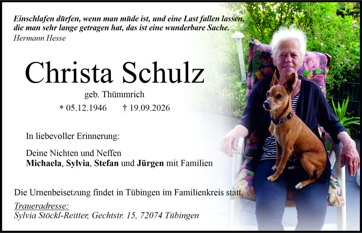 Traueranzeige Christa Schulz, Weiden