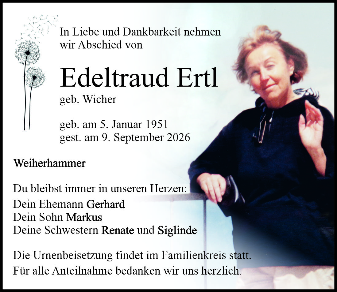 Traueranzeige Edeltraud Ertl, Weiherhammer