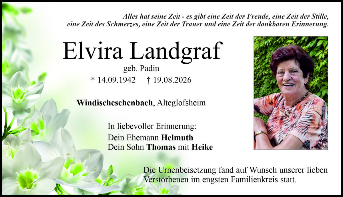 Traueranzeige Elvira Landgraf, Windischeschenbach