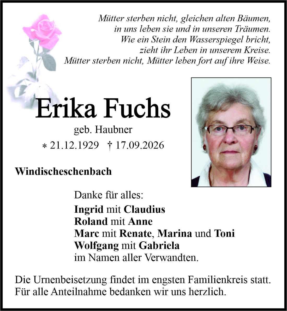 Traueranzeige Erika Fuchs, Windischeschenbach