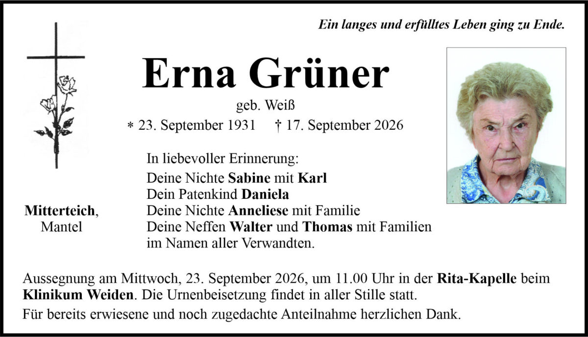 Traueranzeige Erna Grüner, Mitterteich