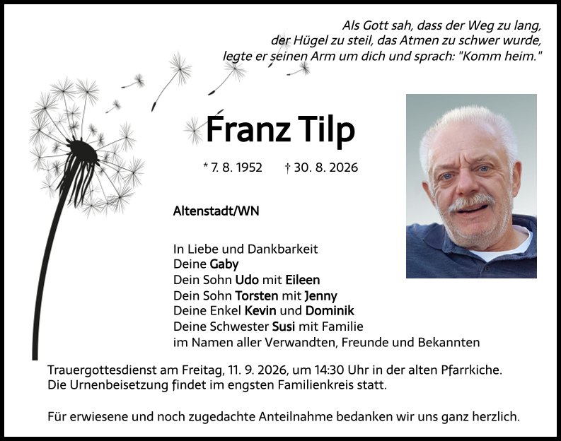 Traueranzeige Franz Tilp, Altenstadt/WN