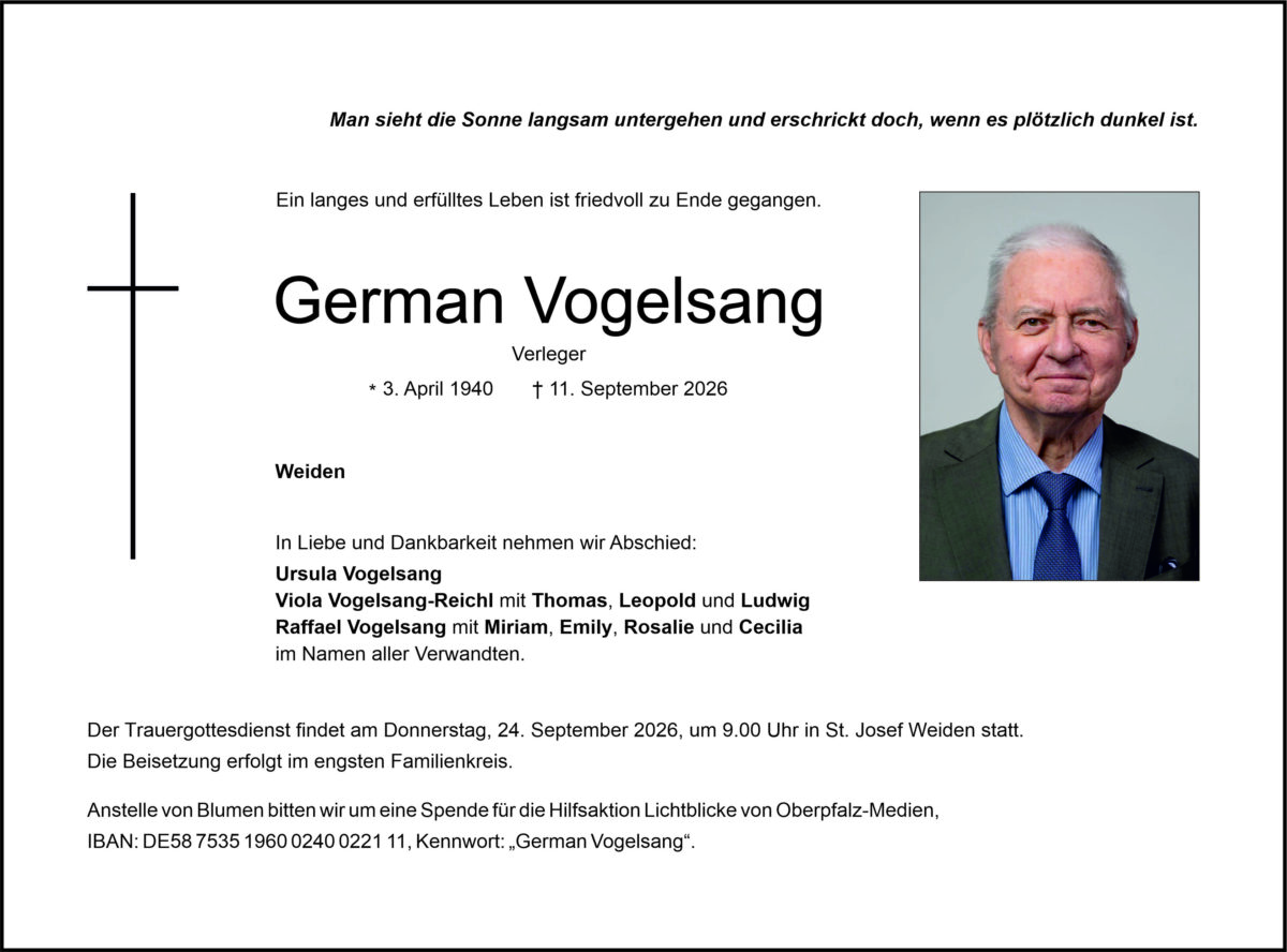 Traueranzeige Germann Vogelsang, Weiden