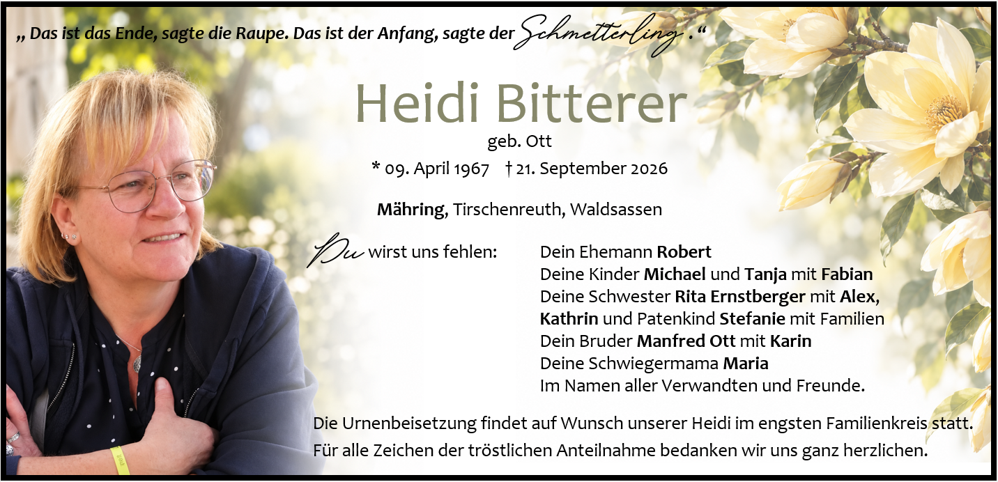 Traueranzeige Heidi Bitterer, Mähring
